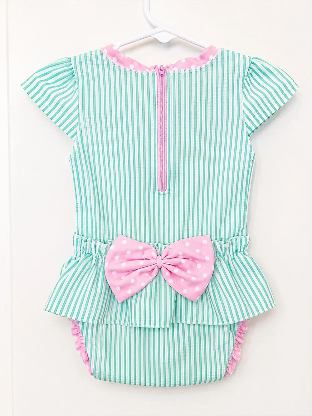 RuffleButts Seersucker Rash Guard Swimsuit 12-18M | Mint Green Pink Bow
